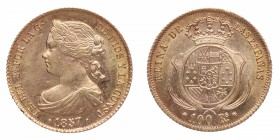 1857. Isabel II (1833-1868). Barcelona. 100 reales. Au. Bella. Brillo original. SC-. Est.400.