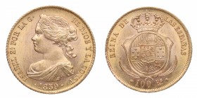 1859. Isabel II (1833-1868). Barcelona. 100 reales. Au. Bella. Brillo original. SC. Est.400.