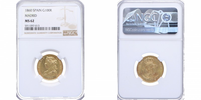 1860. Isabel II (1833-1868). Madrid. 100 Reales. Au. Encapsulada en NGC en MS62....