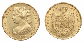 1864. Isabel II (1833-1868). Madrid. 100 reales. Au. Bella. Brillo original. SC-. Est.400.