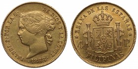 1868. Isabel II (1833-1868). Manila. 4 pesos. Au. Bella. Brillo original. EBC / EBC+. Est.375.