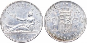 1870*74. I República (1868-1871, 1873-1874). Madrid. 2 pesetas. Ag. EBC+. Est.300.