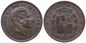 1877. Alfonso XIII (1886-1931). Barcelona. 5 Céntimos. Cu. EBC. Est.60.