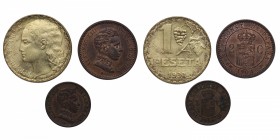 1904 a 1937. Alfonso XIII (1886-1931). Lote de 3 monedas: 1 y 2 céntimos, y 1 peseta. Cu-Ln. EBC, EBC+ y EBC. Est.15.