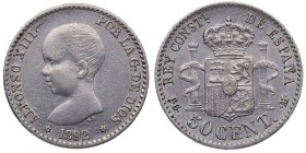 1892*92. Alfonso XIII (1886-1931). Madrid. 50 centimos. Madrid. Ag. MBC+. Est.24.