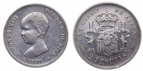 1892*92. Alfonso XIII (1886-1931). Madrid. 2 pesetas. Madrid. Ag. MBC+. Est.40.