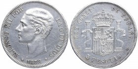 1878*78. Alfonso XII (1874-1885). Madrid. 5 pesetas. Ag. Rayitas. Segunda estrella floja. EBC- / EBC. Est.160.