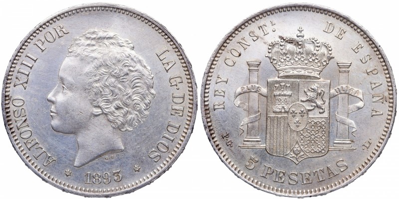 1893*93. Alfonso XIII (1886-1931). Madrid. 5 Pesetas. PGL. Ag. Brillo original. ...