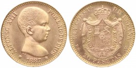 1887*62. Alfonso XIII (1886-1931). Madrid. 20 pesetas (reacuñación). Au. SC. Est.375.