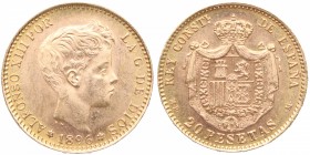 1896*62. Alfonso XIII (1886-1931). Madrid. 20 pesetas (reacuñación). Au. SC. Est.375.