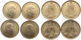 1966*72. Franco (1939-1975). Lote de 4 monedas de 1 Peseta. Al. Error exceso de metal sobre las alas del águila . SC. Est.25.