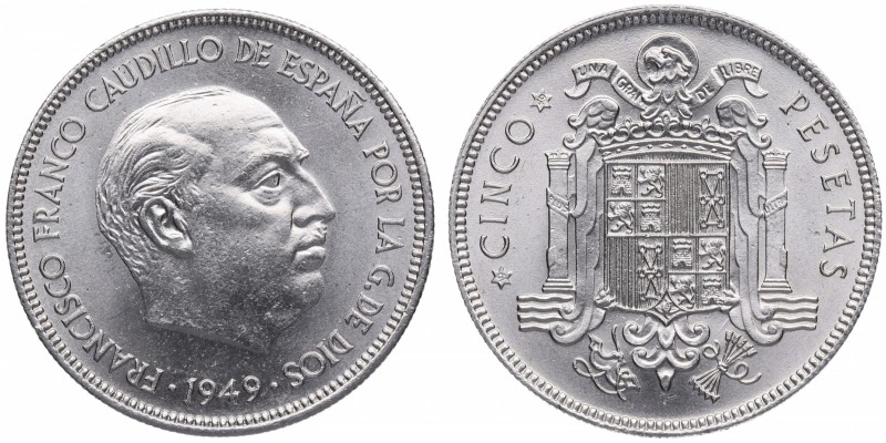 1949*49. Franco (1939-1975). 5 Pesetas . Cu-Ni. Todo su brillo. SC. Est.50.