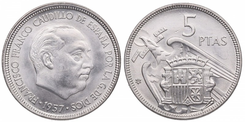 1957*61. Franco (1939-1975). 5 Pesetas. Cu-Ni. Error exceso de metal en PLUS. SC...