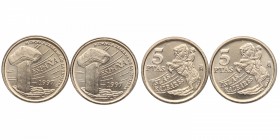 1997. Juan Carlos I (1975-2014). 2 monedas de 5 Pesetas. Cu-Ni. ERROR. "quinta pezuña " en las dos monedas. SC / FDC. Est.25.