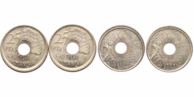 1996. Juan Carlos I (1975-2014). 2 monedas de 25 Pesetas. Cu-Ni. Error acuñación...