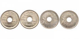 1996. Juan Carlos I (1975-2014). 2 monedas de 25 Pesetas. Cu-Ni. Error acuñación desplazada (ambas). SC. Est.25.