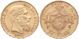1875. Bélgica. 20 francos. Au. EBC+. Est.350.
