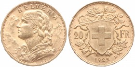 1922. Suiza. 20 francos. Au. EBC+. Est.350.