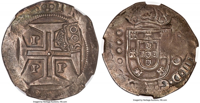 Alfonso VI Counterstamped 500 Reis ND (1663) AU53 NGC, LMB-83, Gomes-45.03. Type...