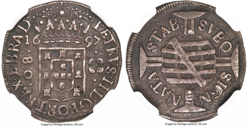 Pedro II 80 Reis 1697-(B) AU Details (Obverse Damage) NGC, Bahia mint, KM78, LMB...