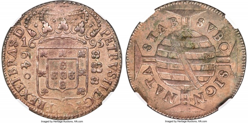 Pedro II 640 Reis 1695-(B) AU53 NGC, Bahia mint, KM83.1, LMB-112. Large Crown, P...