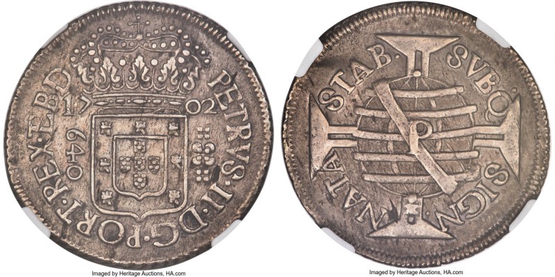 Pedro II 640 Reis 1702-P AU53 NGC, Pernambuco mint, KM90.2, LMB-149. A finely pr...