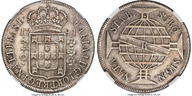 Maria I 640 Reis 1791-R AU Details (Cleaned) NGC, Rio de Janeiro mint, KM222.2, LMB-378A. Second cross variety. The rarer of the two of an already sca...