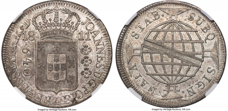 João Prince Regent "Inverted Reverse" 640 Reis 1811-R AU53 NGC, Rio de Janeiro m...