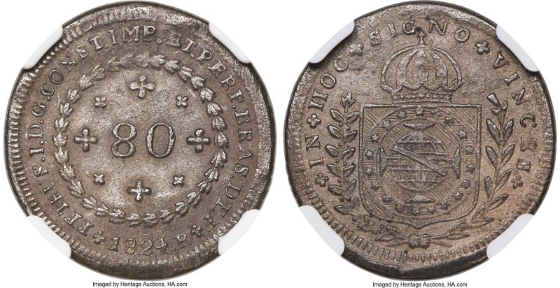 Pedro I 80 Reis 1824-R AU Details (Plugged) NGC, Rio de Janeiro mint, KM372, LMB...