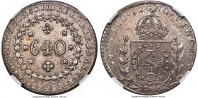 Pedro I 640 Reis 1825-R MS61 NGC, Rio de Janeiro mint, KM367, LMB-501a. 18 stars variety. An extremely elusive variety of a more common Pedro I issue,...