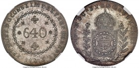 Pedro I 640 Reis 1827-R MS61 NGC, Rio de Janeiro mint, KM367, LMB-503, Bentes-475.14. 28 tulip variety. The finest-certified example of this extremely...