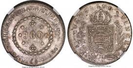 Pedro I 960 Reis 1823-R AU53 NGC, Rio de Janeiro mint, KM368.1, LMB-504d, Bentes-474.04. Bare crown variety. Overstruck on a Potosi mint Bolivia 8 Rea...