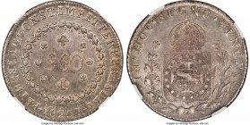 Pedro I 960 Reis 1825-R AU50 NGC, Rio de Janeiro mint, KM368.1, LMB-506a. Large 960 variety. Struck over a Charles IV 8 Reales. Very well toned and st...