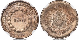 Pedro II 100 Reis 1846 AU58 NGC, Rio de Janeiro mint, KM452, LMB-526. Mintage: 4,699. Enveloped by an allover slate- and pewter-gray patination.

HID0...