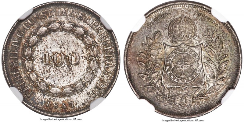 Pedro II 100 Reis 1847/4 AU Details (Cleaned) NGC, Rio de Janeiro mint, KM452, L...