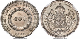 Pedro II 400 Reis 1837 AU Details (Cleaned) NGC, Rio de Janeiro mint, KM453, LMB-538a. Mintage: 7,837. A gunmetal-patinated and lightly hairlined repr...