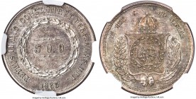 Pedro II 500 Reis 1863 UNC Details (Reverse Scratched) NGC, Rio de Janeiro mint, KM464, LMB-596b. Inclined/rotated reverse variety. An important rotat...