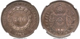 Pedro II 800 Reis 1844 AU Details (Stained) NGC, Rio de Janeiro mint, KM456, LMB-550, Bentes-578.05. Mintage: 628. A rare denomination within Pedro II...