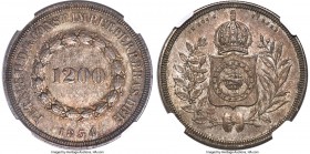 Pedro II 1200 Reis 1834 MS62 NGC, Rio de Janeiro mint, KM454, LMB-552. Mintage: 891. Near-choice with razor-sharp, high relief details yielding a near...