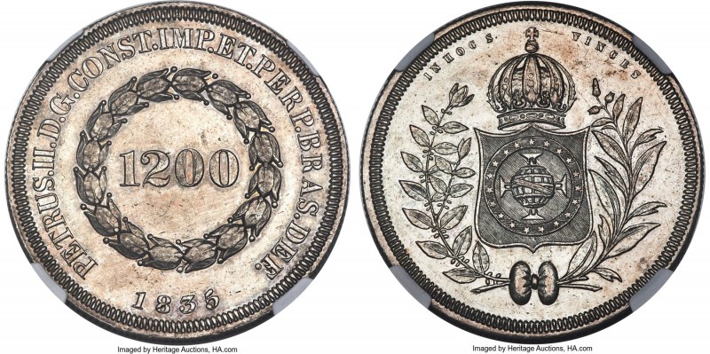 Pedro II 1200 Reis 1835 UNC Details (Cleaned) NGC, Rio de Janeiro mint, KM454, L...