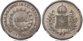 Pedro II 1200 Reis 1843 UNC Details (Harshly Cleaned) NGC, Rio de Janeiro mint, KM454, LMB-557. Mintage: 1,803. Variety with belt around globe consist...