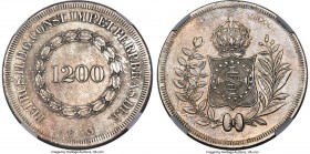 Pedro II 1200 Reis 1843 AU Details (Cleaned) NGC, Rio de Janeiro mint, KM454, LMB-557a. Variety with belt around globe consisting of 3 lines. A slight...