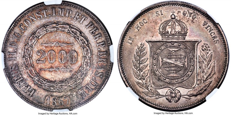 Pedro II 2000 Reis 1867 AU55 NGC, Rio de Janeiro mint, KM466, LMB-626a. Inclined...