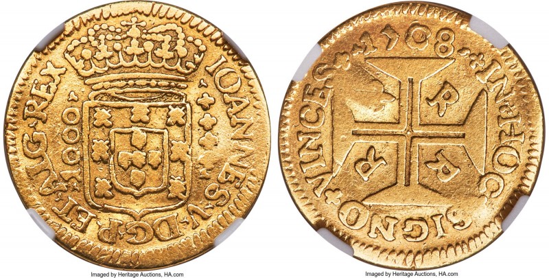 João V gold 1000 Reis 1708-R F12 NGC, Rio de Janeiro mint, KM103, LMB-154. A bet...