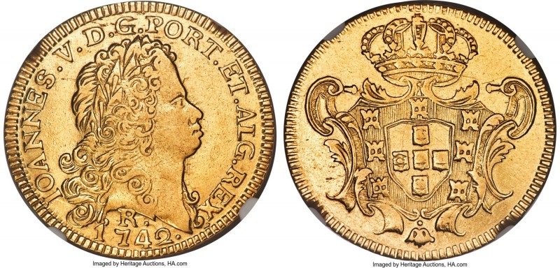 João V gold 6400 Reis 1742-R VF Details (Cleaned) NGC, Rio de Janeiro mint, KM14...