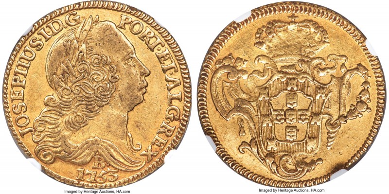 Jose I gold 6400 Reis 1753-B AU50 NGC, Bahia mint, KM172.1, LMB-383. A brass-gol...