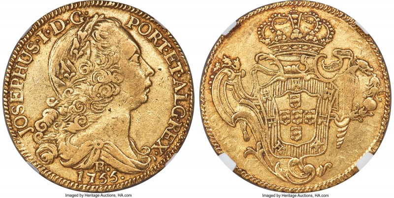 Jose I gold 6400 Reis 1755-R XF45 NGC, Rio de Janeiro mint, KM172.2, LMB-423. Of...