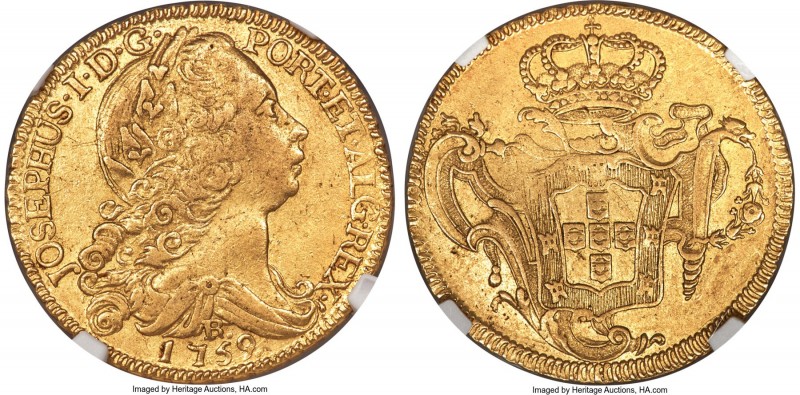 Jose I gold 6400 Reis 1759-R AU55 NGC, Rio de Janeiro mint, KM172.2, LMB-427. Li...