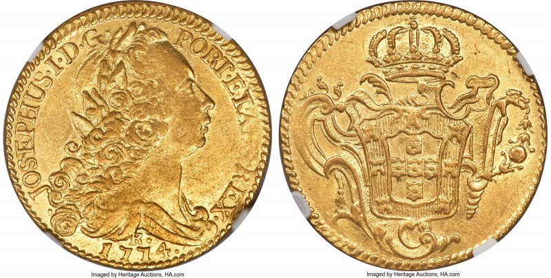 Jose I gold 6400 Reis 1774-R AU53 NGC, Rio de Janeiro mint, KM172.2, LMB-442. An...