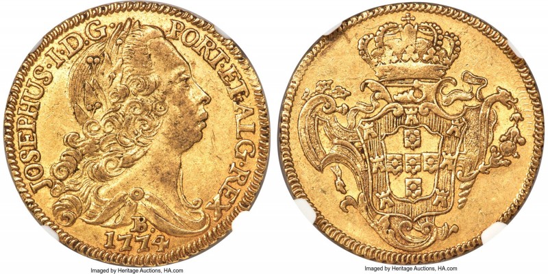 Jose I gold 6400 Reis 1774-B AU53 NGC, Bahia mint, KM172.1, LMB-404. Centrally s...